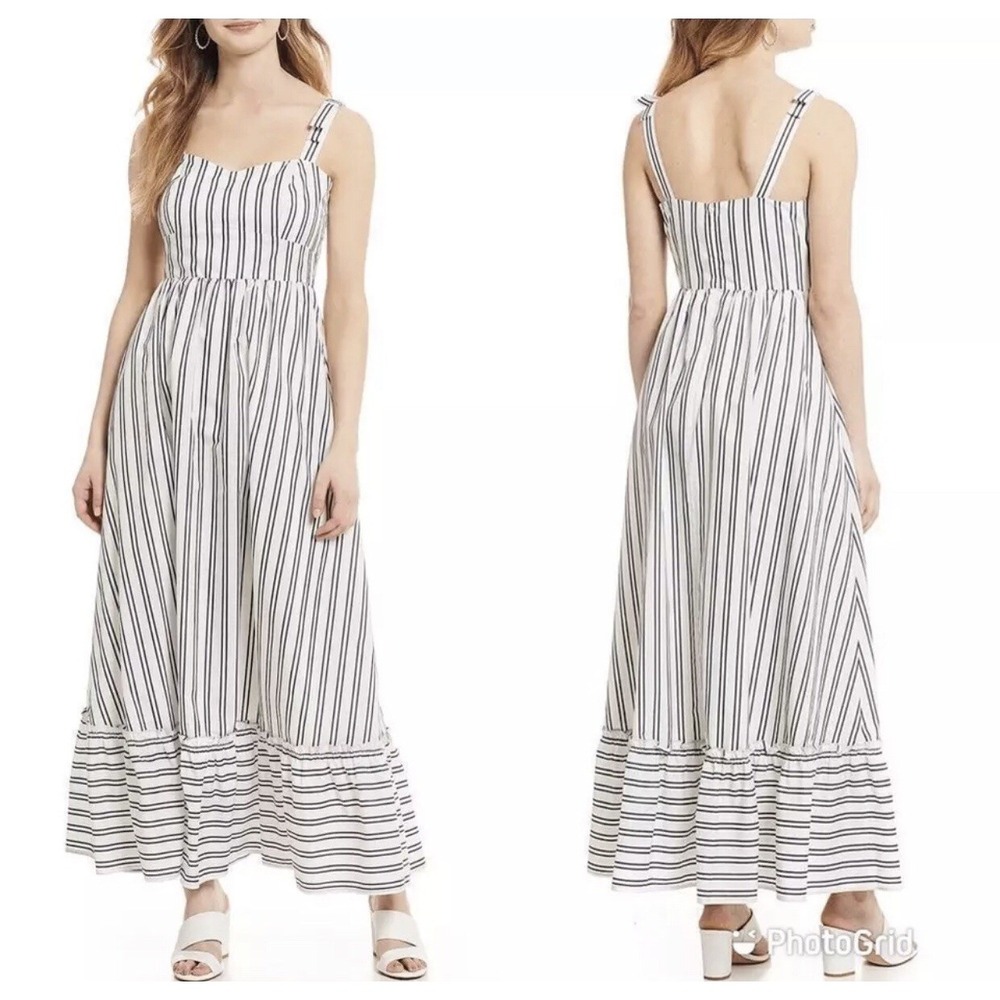 Gianni Bini Maxi Dress 8 White Blue Striped Sleeveless Tiered Bow Detail Coastal